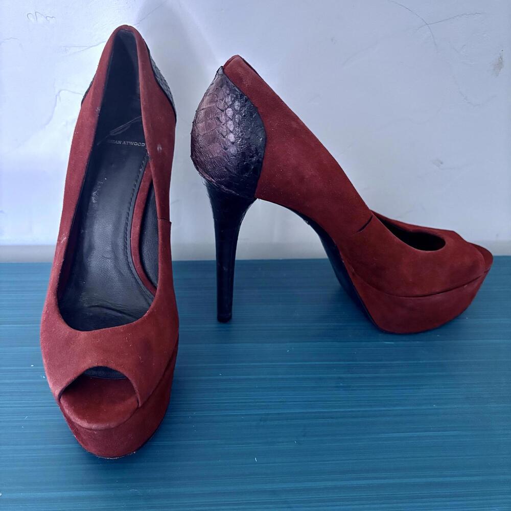 Brian Atwood Blayne Sude Snakeskin Peep Toe Platform Pumps